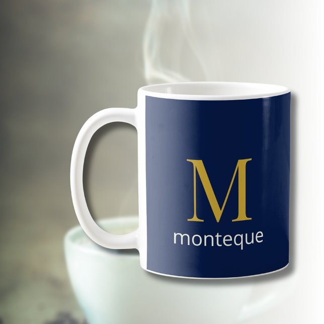 Deep Navy Gold Monogram Personalised Name Luxury  Coffee Mug (Creator Uploaded)