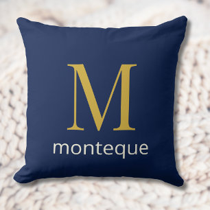 Deep Navy Gold Monogram Personalised Name Luxury  Cushion