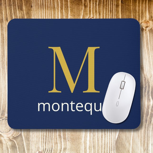 Deep Navy Gold Monogram Personalised Name Luxury  Mouse Mat (Creator Uploaded)