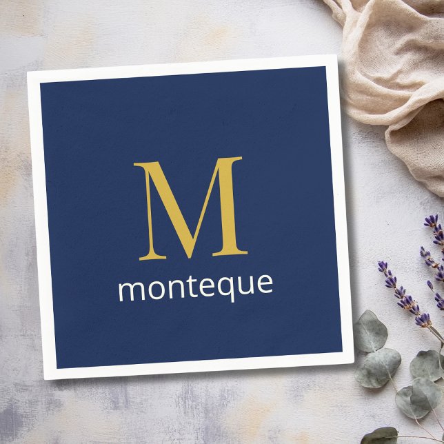 Deep Navy Gold Monogram Personalised Name Luxury  Napkin (Creator Uploaded)
