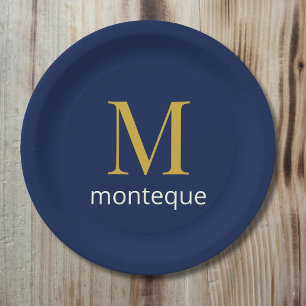 Deep Navy Gold Monogram Personalised Name Luxury Paper Plate