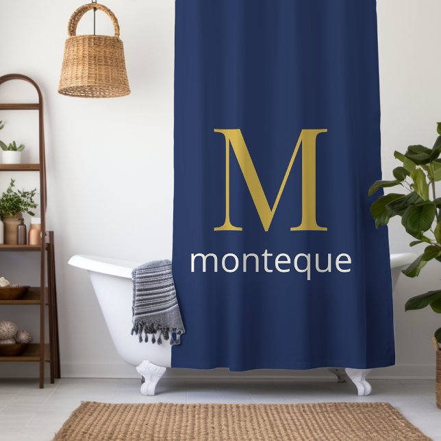 Deep Navy Gold Monogram Personalised Name Luxury  Shower Curtain (Creator Uploaded)