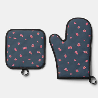 Deep Navy Japanese Red Plum Blossom Floral Pattern Oven Mitt & Pot Holder Set