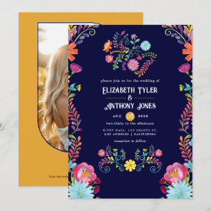 Deep Navy & Marigold Floral Mexican Fiesta Wedding Invitation