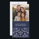Deep Navy Menorah William Morris Pattern Holiday Card<br><div class="desc">An elegant and timeless design featuring a refined silver menorah centred within intricate William Morris–inspired foliage. Rendered in rich deep navy and soft silver tones, this artwork blends classic Judaica symbolism with historic botanical ornamentation for a sophisticated, heirloom-quality aesthetic. The flowing acanthus leaves and delicate florals create a balanced, symmetrical...</div>