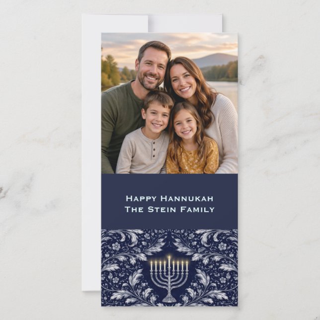 Deep Navy Menorah William Morris Pattern Holiday Card (Front)