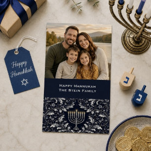 Deep Navy Menorah William Morris Pattern Holiday Card