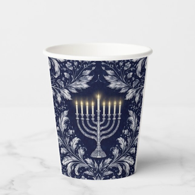 Deep Navy Menorah William Morris Pattern Paper Cups (Back)