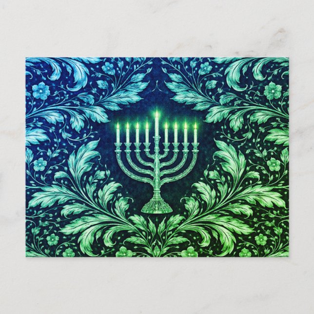 Deep Navy Menorah William Morris Pattern Postcard (Front)