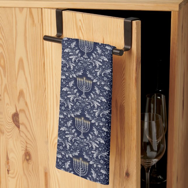 Deep Navy Menorah William Morris Pattern Tea Towel (Thirds Fold)