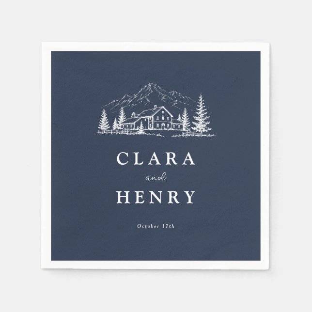 Deep Navy Mountain Wedding Napkins (Front)