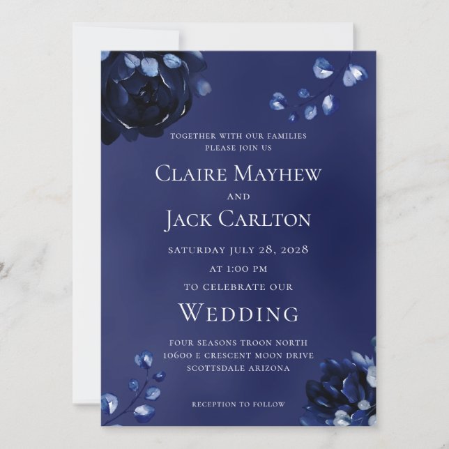 Deep Navy Peony Assembly Wedding Invitation (Front)