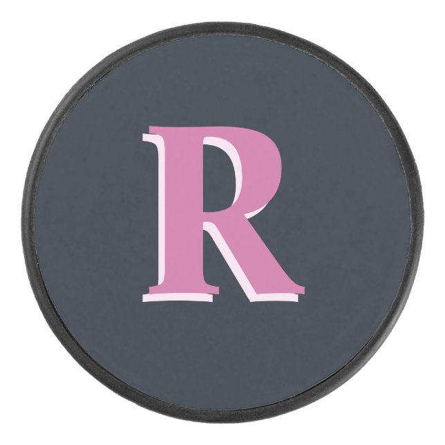 Deep navy pink monogrammed hockey puck (Front)