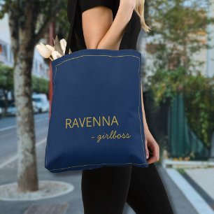 Deep Navy Subtle Gold Frame Luxury Girlboss Name Tote Bag