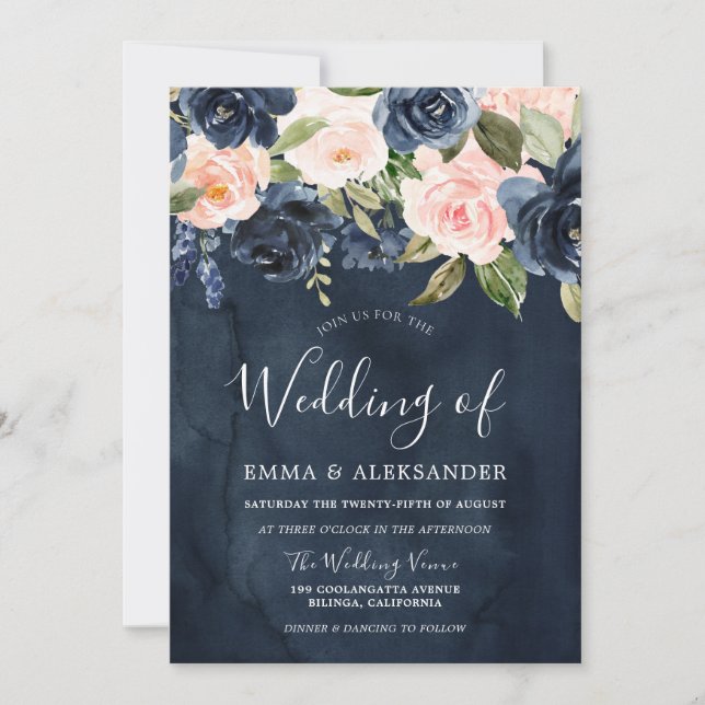 Deep Navy Watercolor Blush Pink Floral Wedding Invitation (Front)