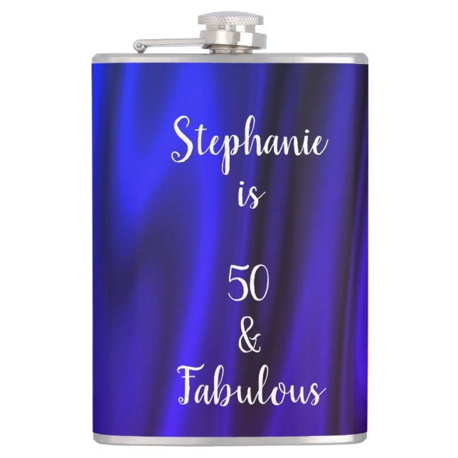 Deep Neon Blue Silky Satin Shiny 50 & Fabulous Hip Flask (Front)