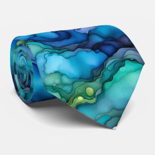 Deep Ocean Abstract Shapes in Teal and Blue Fluid  Tie