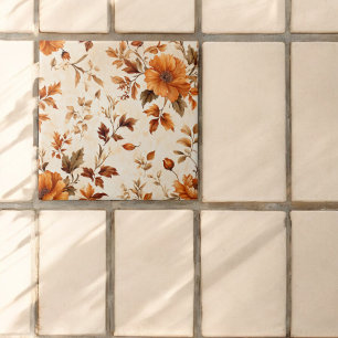 Deep Orange Amber Vintage Floral Autumn Pattern Tile