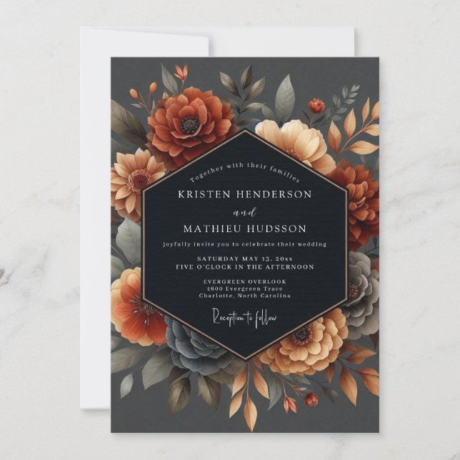 Deep Orange Floral Autumn Wedding Invitation (Front)