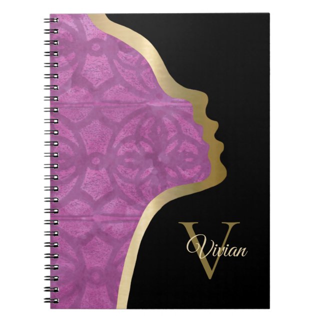 Deep Orchid Purple Black And Gold Face Notebook (Front)