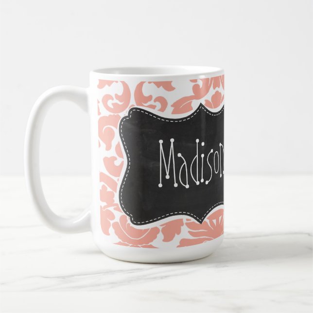 Deep Peach Damask; Vintage Chalkboard Coffee Mug (Left)