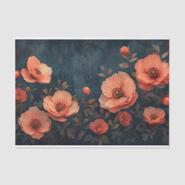 Deep Peach Flowers on a Dark Background Tissue Paper (Front)