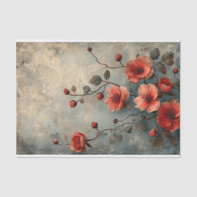 Deep Peach Flowers on a distressed Background Tissue Paper (Front)