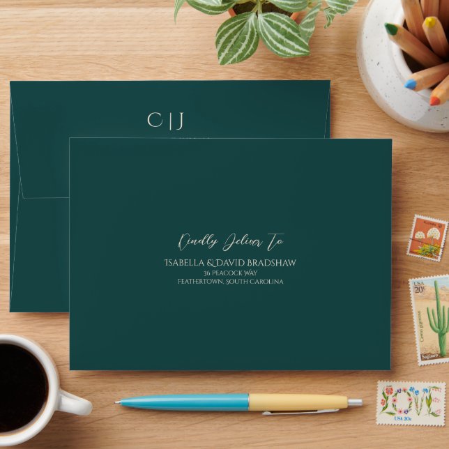Deep Peacock Teal Monochromatic Wedding Envelope (Desk)