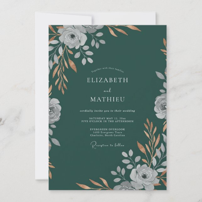 Deep Petrol Leafy Wedding Invitation (Front)
