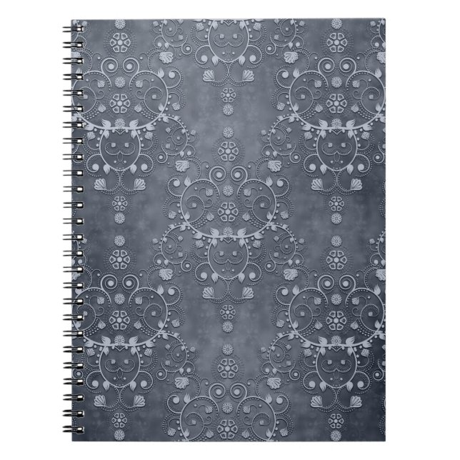 Deep Pewter Silvery Grey Floral Damask Pattern Notebook (Front)