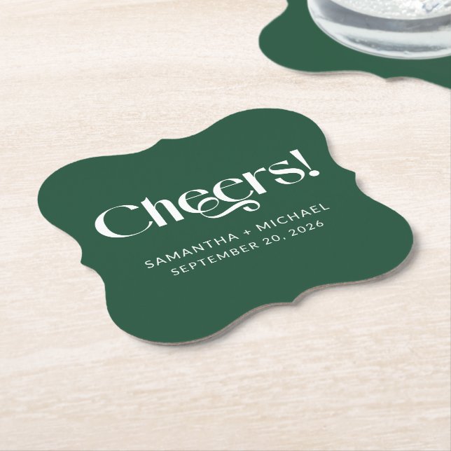 Deep Pine Decorative Serif Wedding Cheers Paper Coaster (Angled)