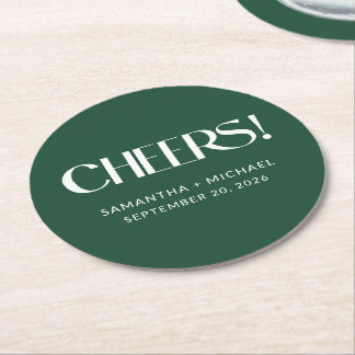 Deep Pine Decorative Serif Wedding Cheers Round Paper Coaster