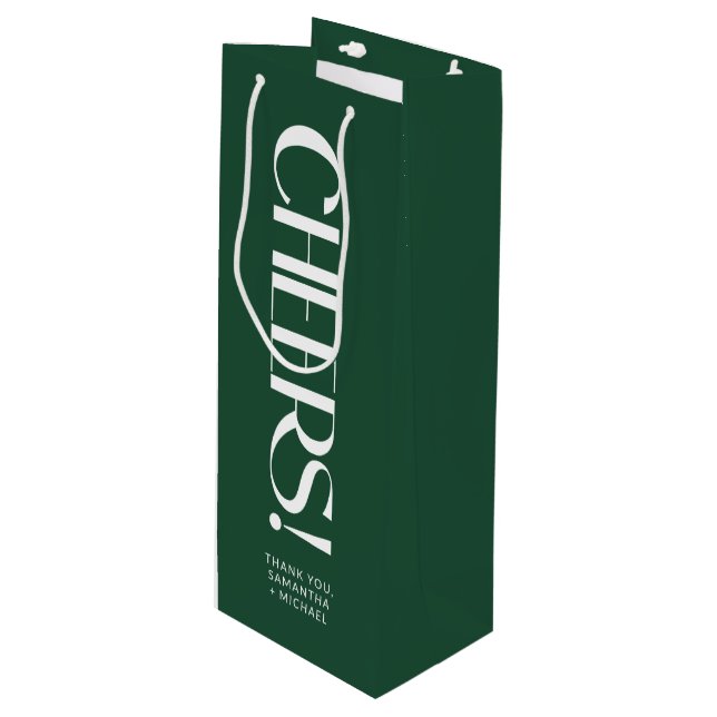Deep Pine Decorative Serif Wedding Cheers Wine Gift Bag (Front Angled)