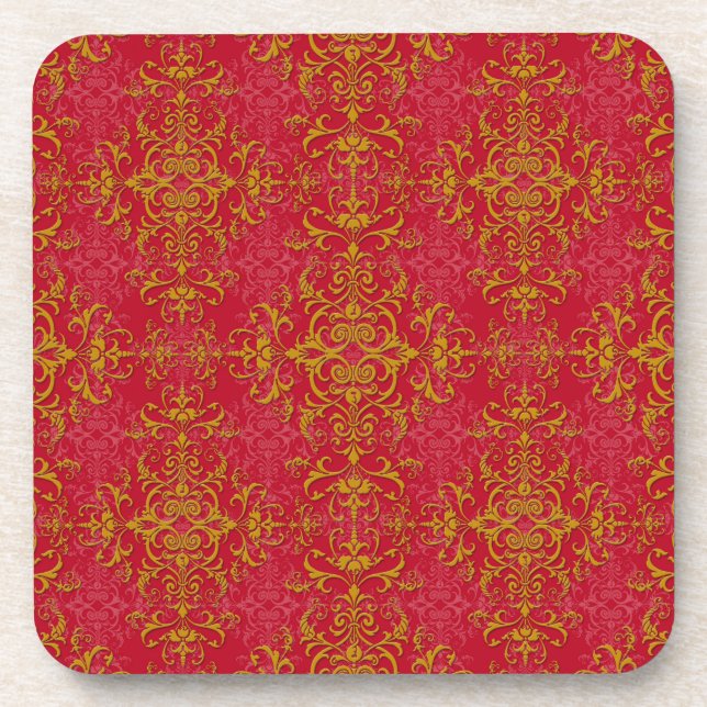 Deep Pink and Gold Elegant Damask Style Pattern Coaster (Front)