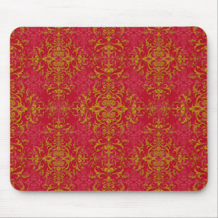 Deep Pink and Gold Elegant Damask Style Pattern Mouse Mat