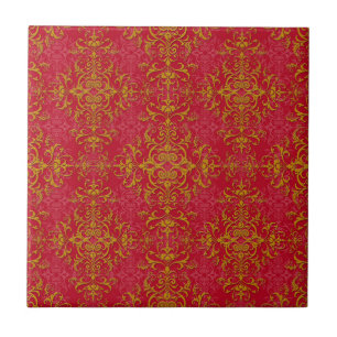 Deep Pink and Gold Elegant Damask Style Pattern Tile