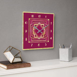 Deep Pink and Pale Gold Art Deco Square Clock