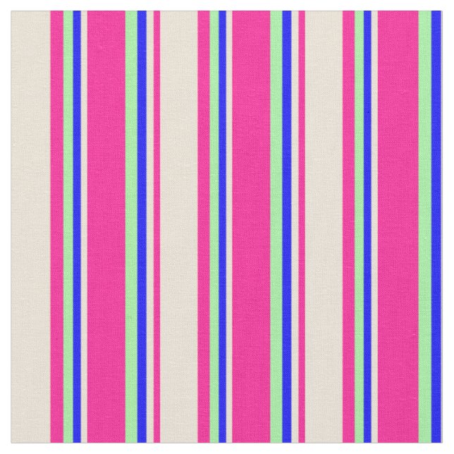 Deep Pink, Bisque, Blue & Green Coloured Stripes Fabric (Close Up)