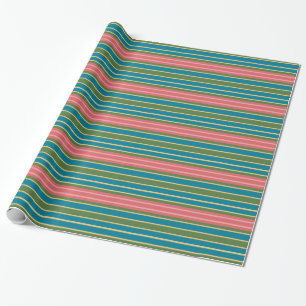 Deep Pink Blue Green Striped Wrapping Paper