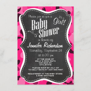 Deep Pink Camo; Chalkboard look Invitation