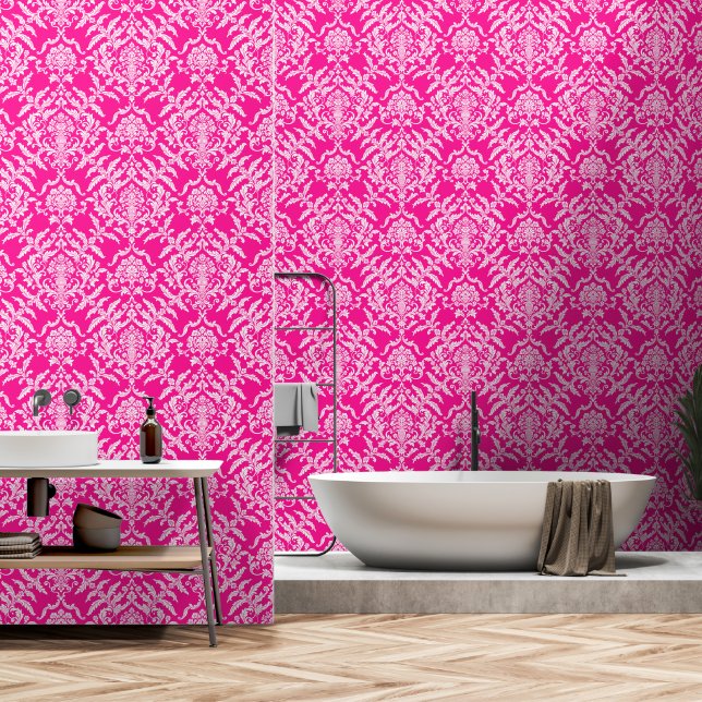 Deep Pink Damask Colour Peel Stick Removable Vinyl Wallpaper (Bathroom)
