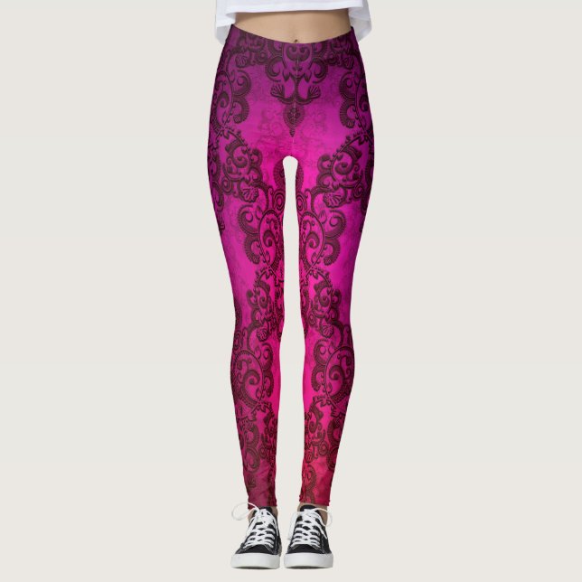Deep Pink Fancy Damask Boho Style Leggings (Front)