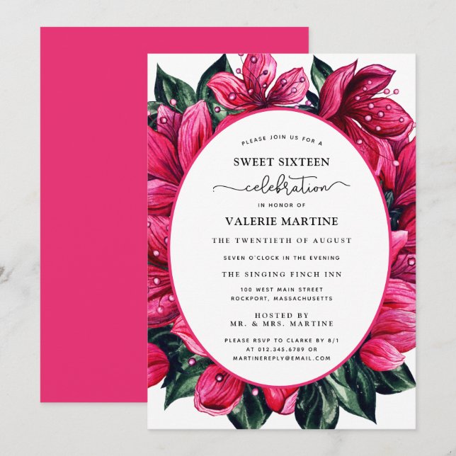 Deep Pink Floral Botanical Sweet Sixteen Party Inv Invitation (Front/Back)