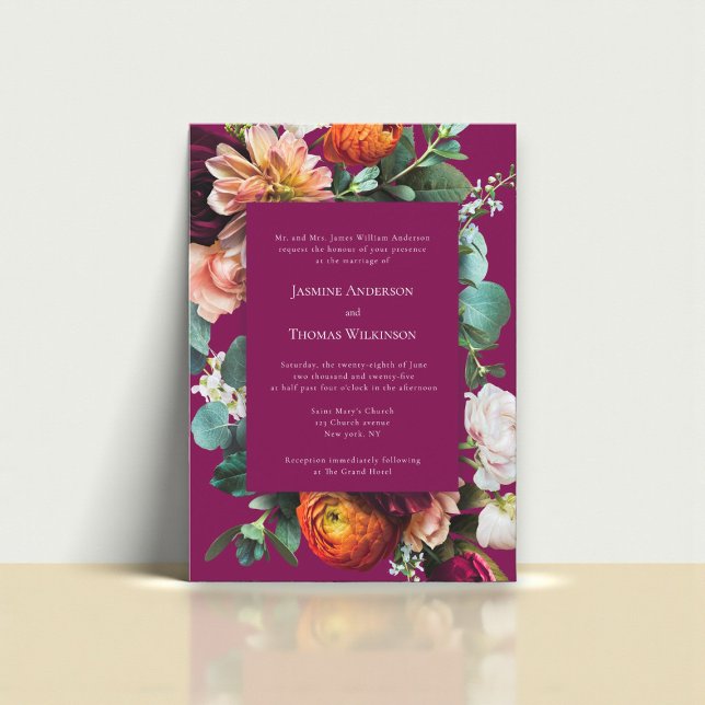 Deep Pink Floral Botanical Wedding Invitation (Creator Uploaded)