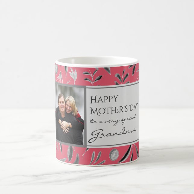 DEEP PINK Floral Custom GRANDMA Photo Coffee Mug (Center)