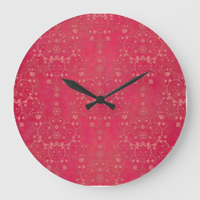 Deep Pink Floral Damask Pattern Large Clock (Front)