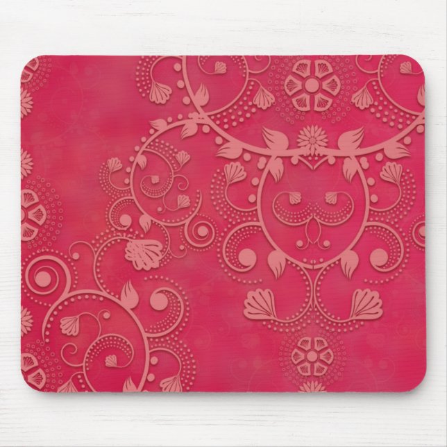Deep Pink Floral Damask Pattern Mouse Mat (Front)