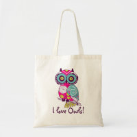 Deep Pink Floral Owl I Love Owls Tote Bag