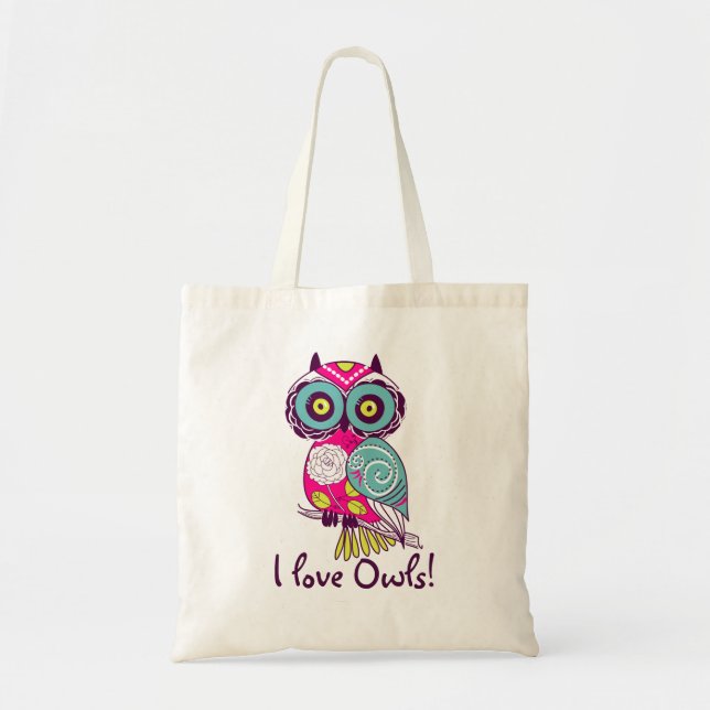 Deep Pink Floral Owl I Love Owls Tote Bag (Front)