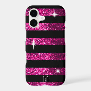 Deep Pink Glitter & Black Stripes Monogram